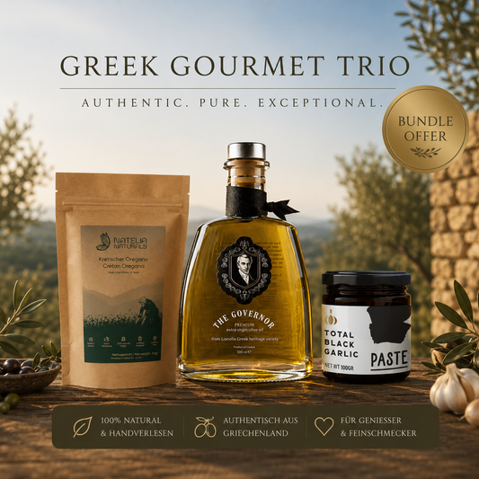 DAS GOURMET-TRIO – Olivenöl, Kräuter & Schwarze Knoblauchpaste aus Griechenland
