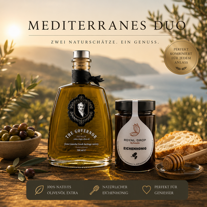 LE DUO MÉDITERRANÉEN – Huile d'olive riche en polyphénols & Miel de chêne grec